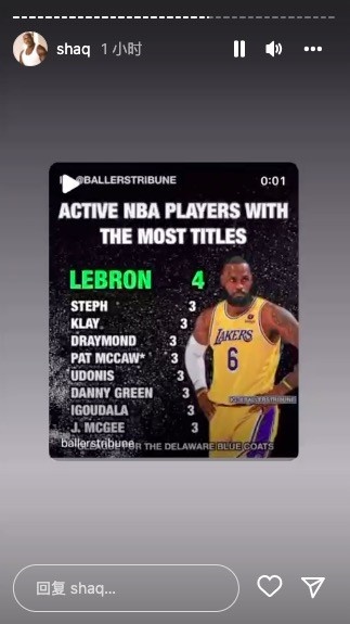 奥尼尔转发现役冠军数：詹姆斯4冠最多 库汤追/麦考/铁林/麦基3冠