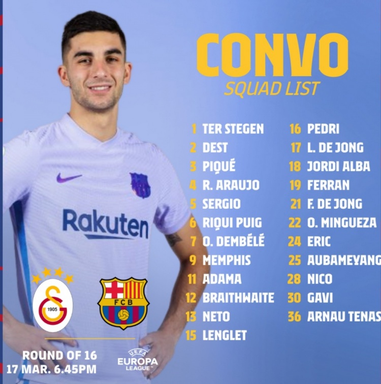 巴萨公布对阵加拉塔萨雷大名单：奥巴梅扬、登贝莱在列