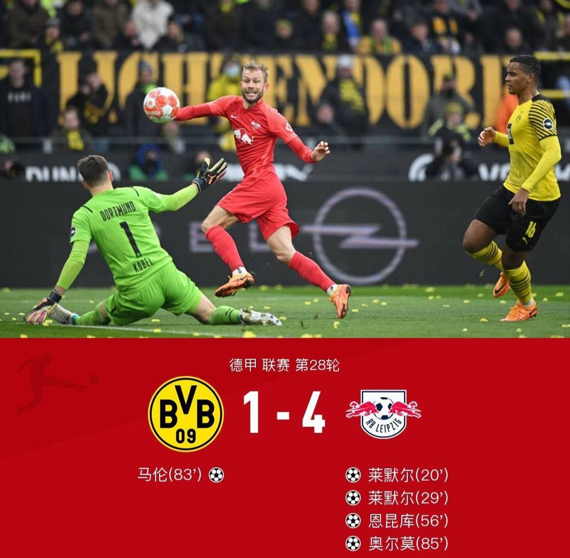 多特蒙德坐镇主场1-4惨败莱比锡红牛