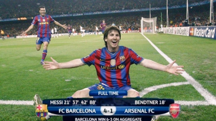 十二年前的欧冠1/4决赛，梅西独中四元助巴萨淘汰阿森纳