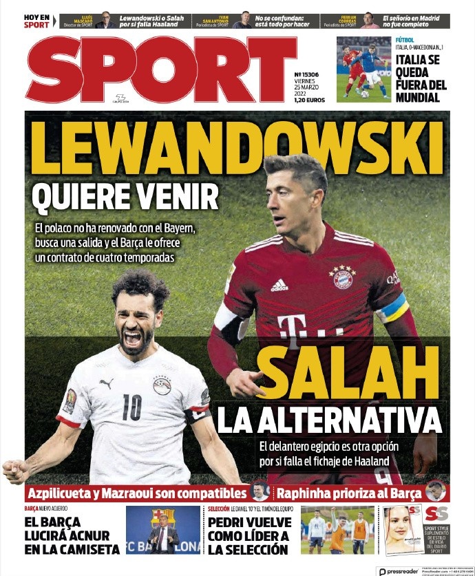 莱万多夫斯基想来到巴萨，萨拉赫是另一个选择