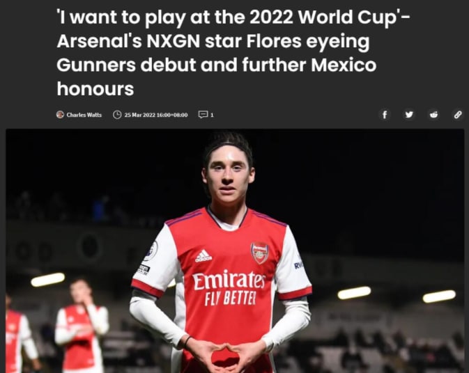 阿森纳小将弗洛雷斯：崇拜梅罗内这样的球员 巴萨是我最爱球队