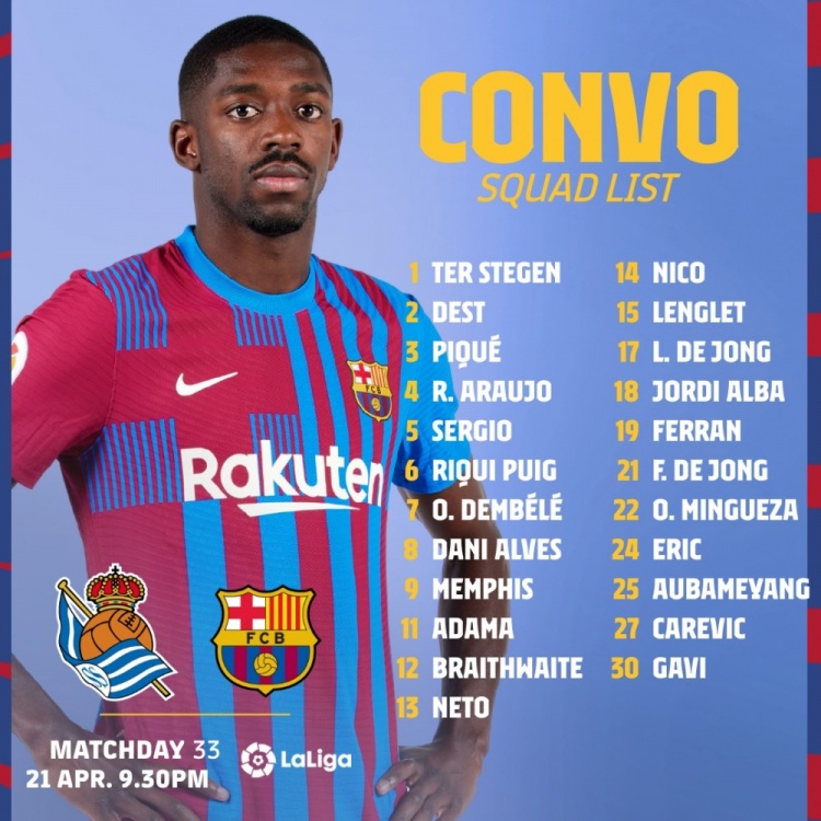 巴萨战皇社大名单：皮克、阿劳霍回归，登贝莱、奥巴梅扬在列